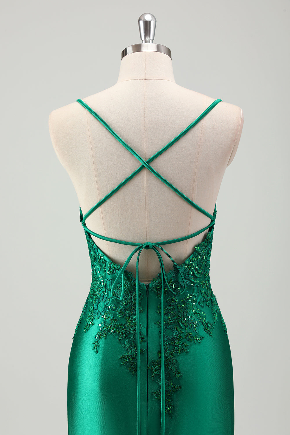 Vestido de fiesta largo de satén con tirantes de espagueti sirena verde brillante con apliques