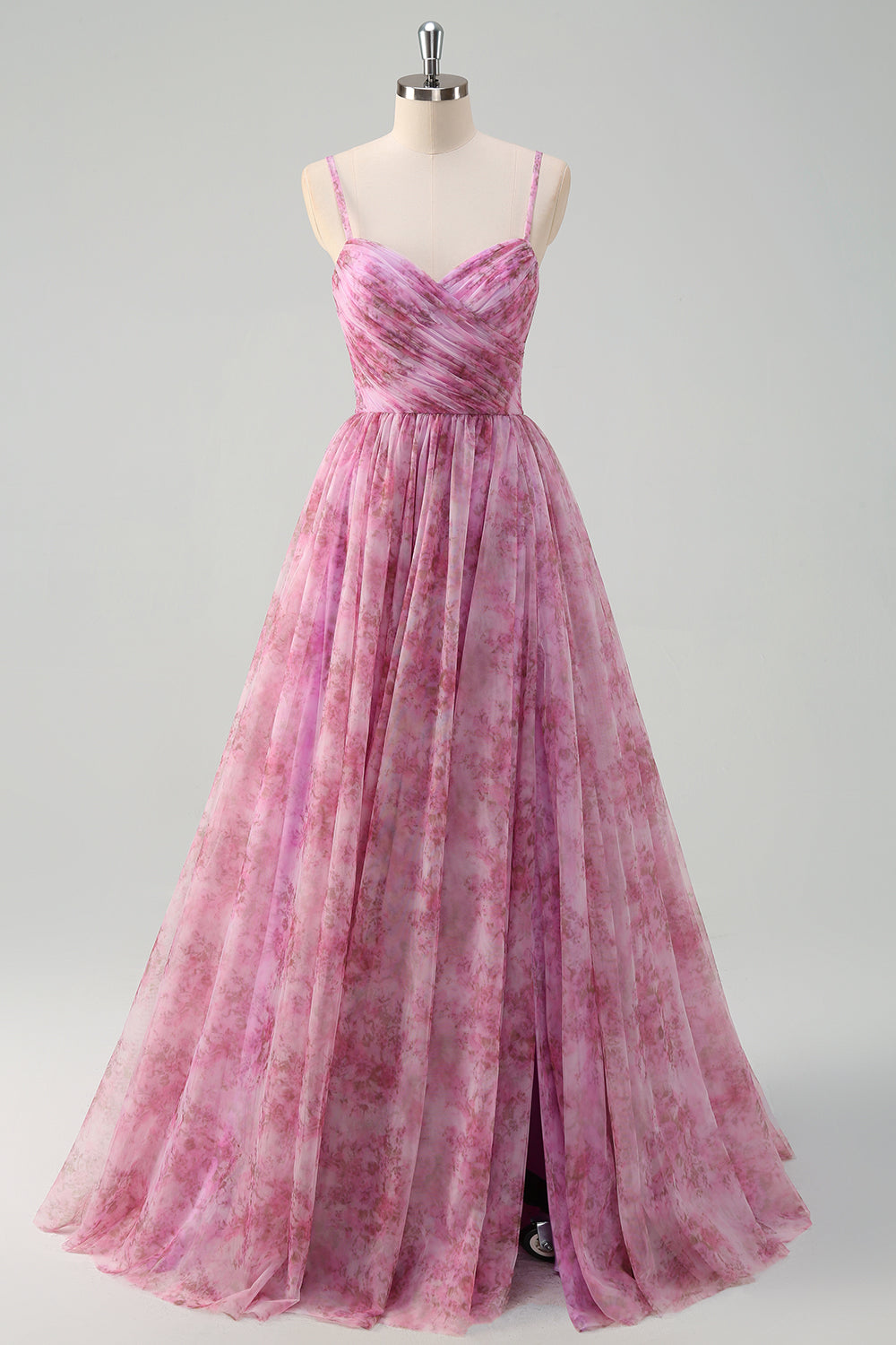 Vestido de fiesta largo con tirantes de espagueti florales de color púrpura rosado con abertura