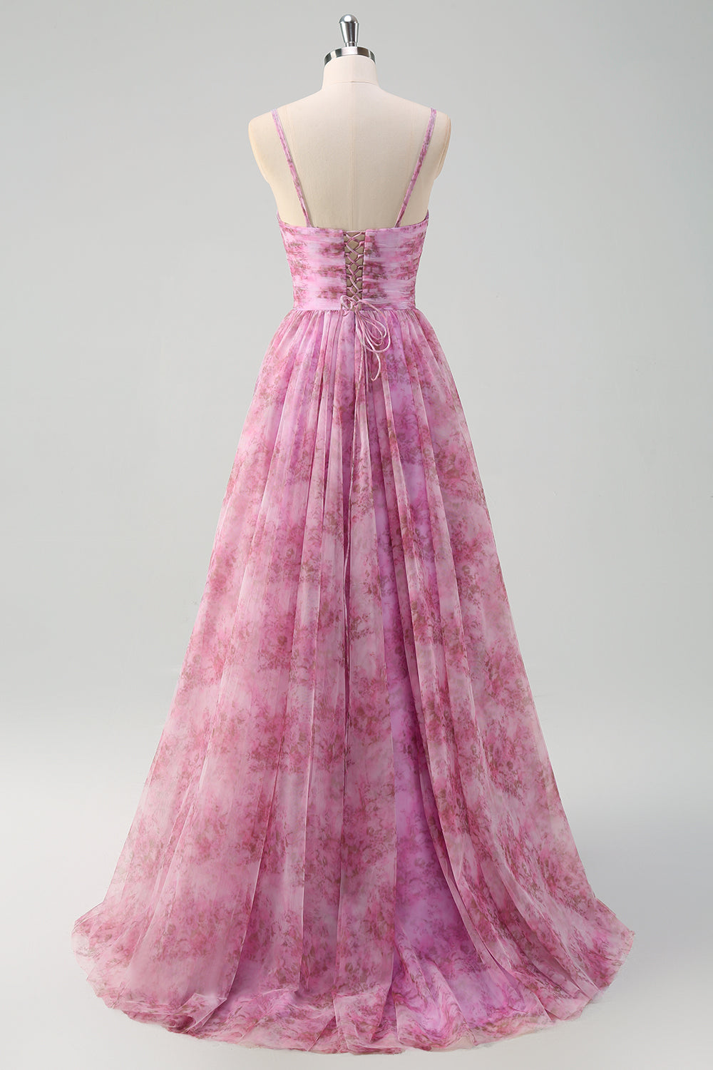 Vestido de fiesta largo con tirantes de espagueti florales de color púrpura rosado con abertura
