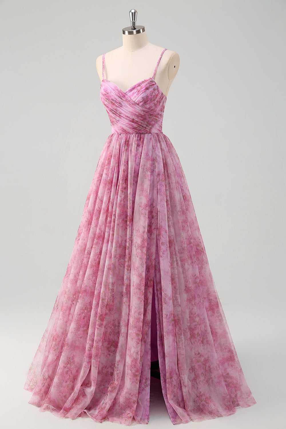 Vestido de fiesta largo con tirantes de espagueti florales de color púrpura rosado con abertura