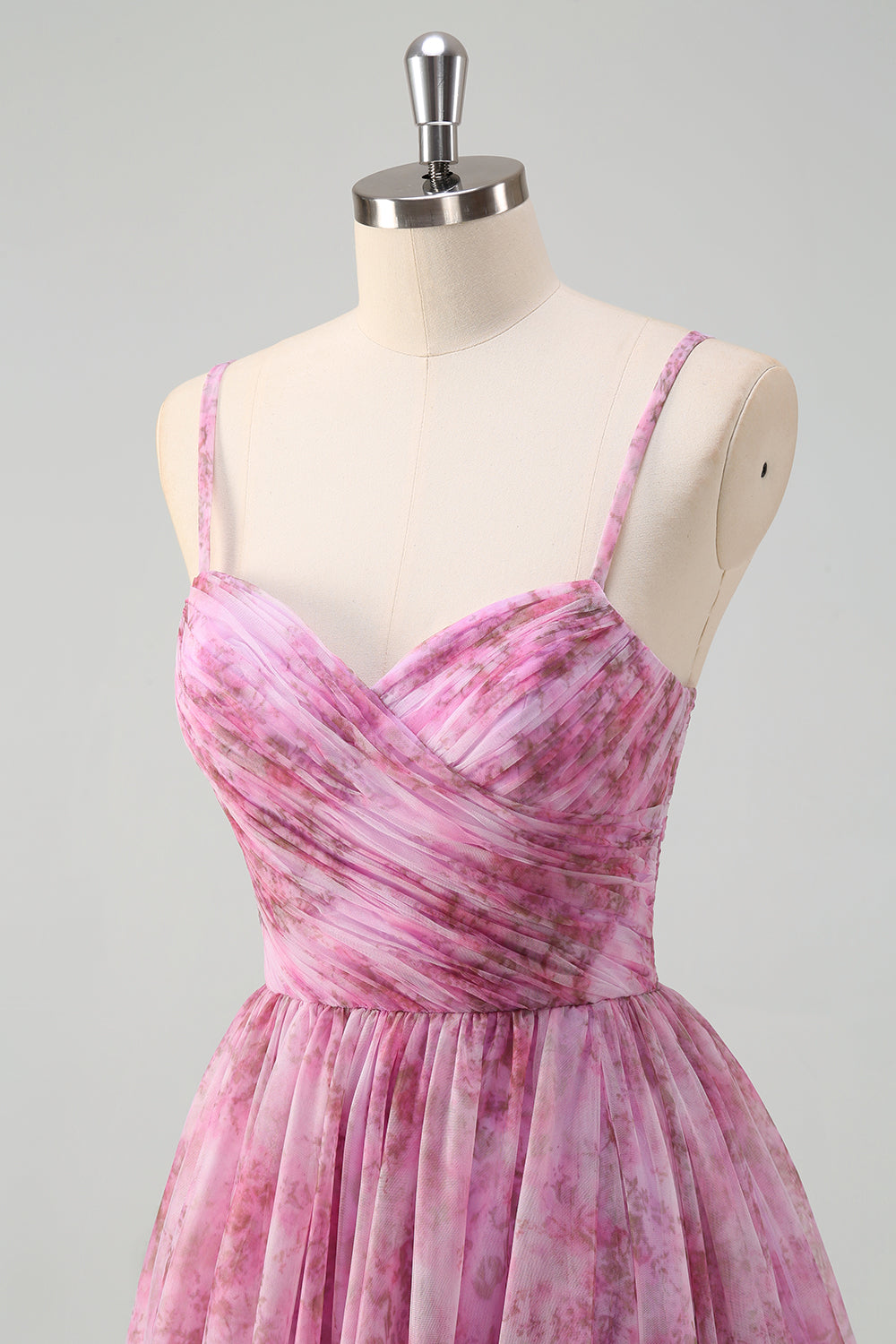 Vestido de fiesta largo con tirantes de espagueti florales de color púrpura rosado con abertura