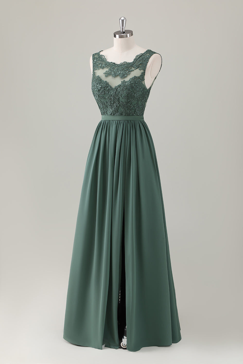 Vestido largo de dama de honor de encaje de eucalipto con abertura
