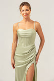 Sage Mermaid Spaghetti Tirantes Corsé Satén Vestido de Dama de Honor con Abertura