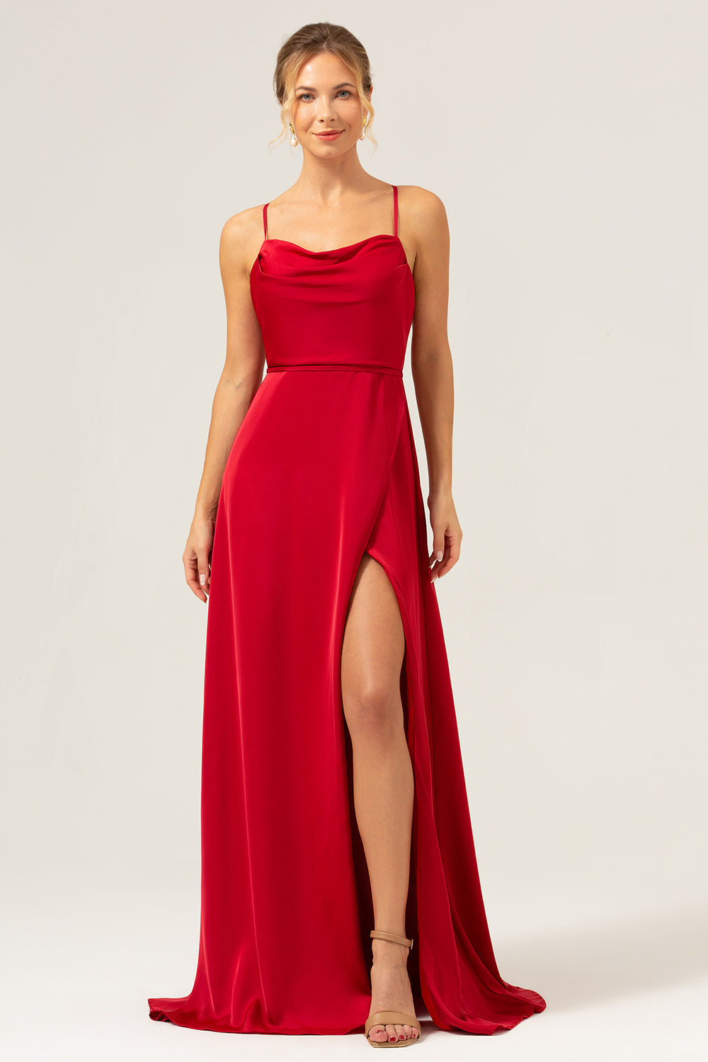 Vestido de dama de honor de línea A con tirantes de espagueti burdeos con abertura