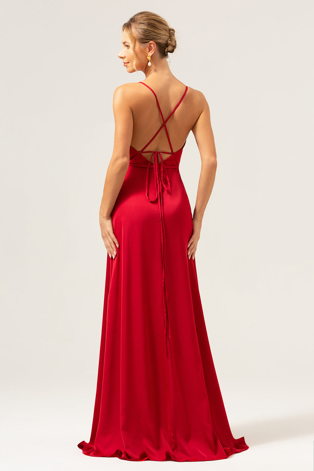 Vestido de dama de honor de línea A con tirantes de espagueti burdeos con abertura