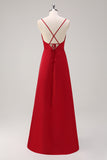 Vestido de dama de honor de línea A con tirantes de espagueti burdeos con abertura