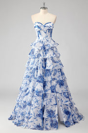 Vestido de fiesta largo largo escalonado de flores blancas azules y blancas con abertura