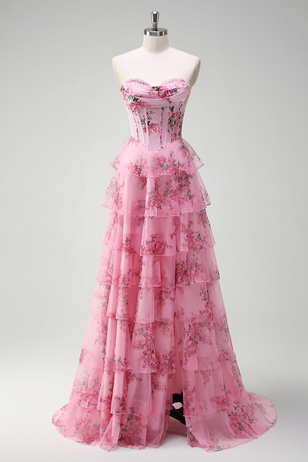 Floral Una línea Corsé sin tirantes Vestido de fiesta rubor escalonado con abertura