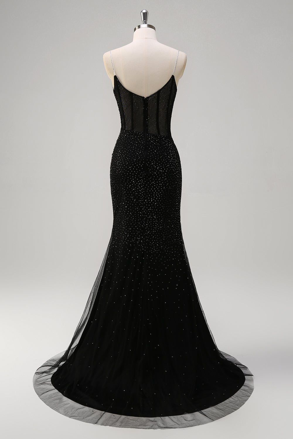 Vestido de fiesta largo con abertura y correas de espagueti de sirena negra brillante con correas de espagueti