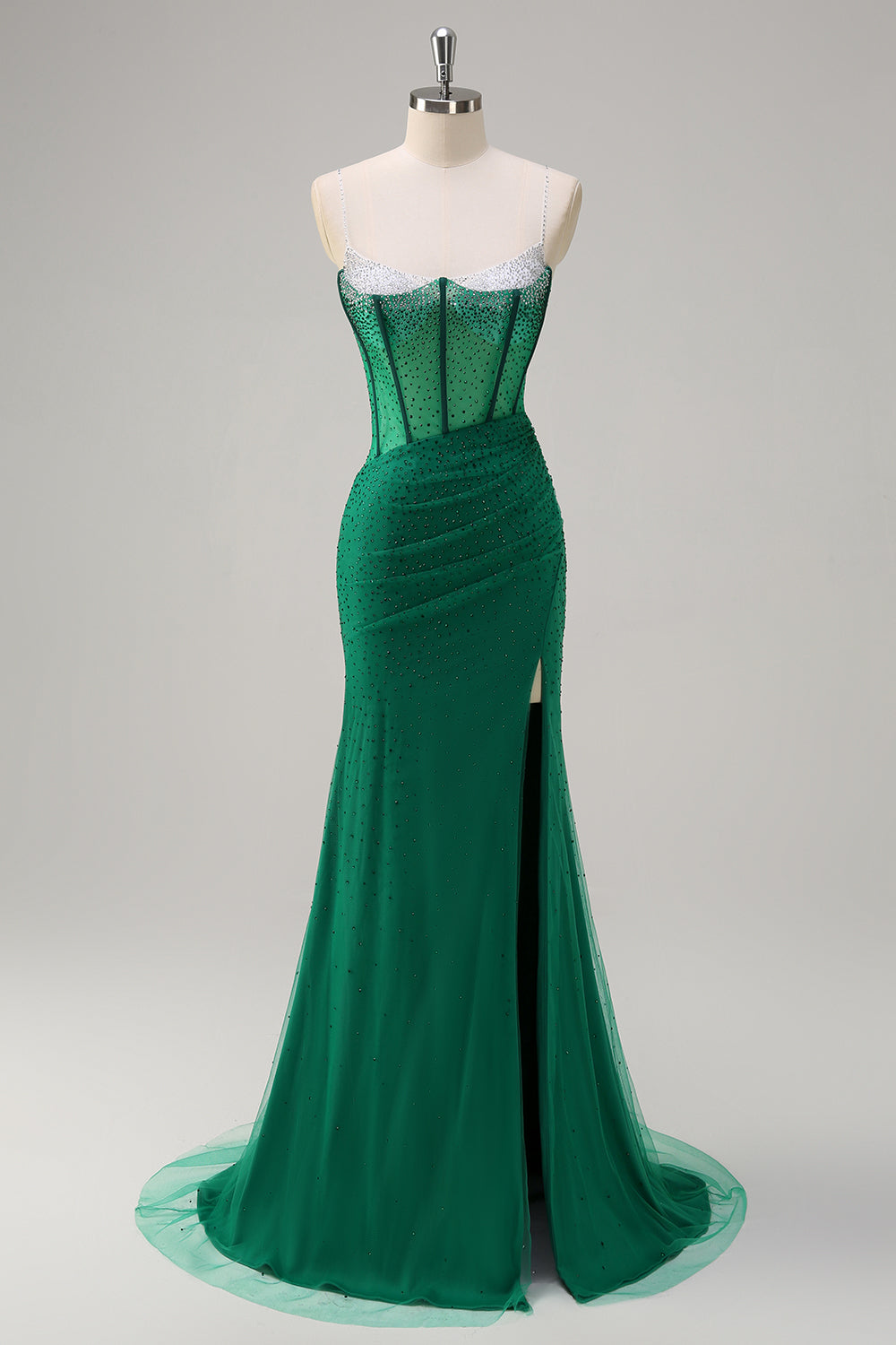 Vestido de fiesta largo con abertura y correas de espagueti de sirena negra brillante con correas de espagueti