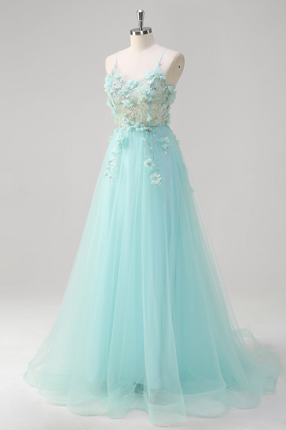 Vestido de fiesta de tul de lentejuelas con tirantes finos de línea A verde con flores 3D