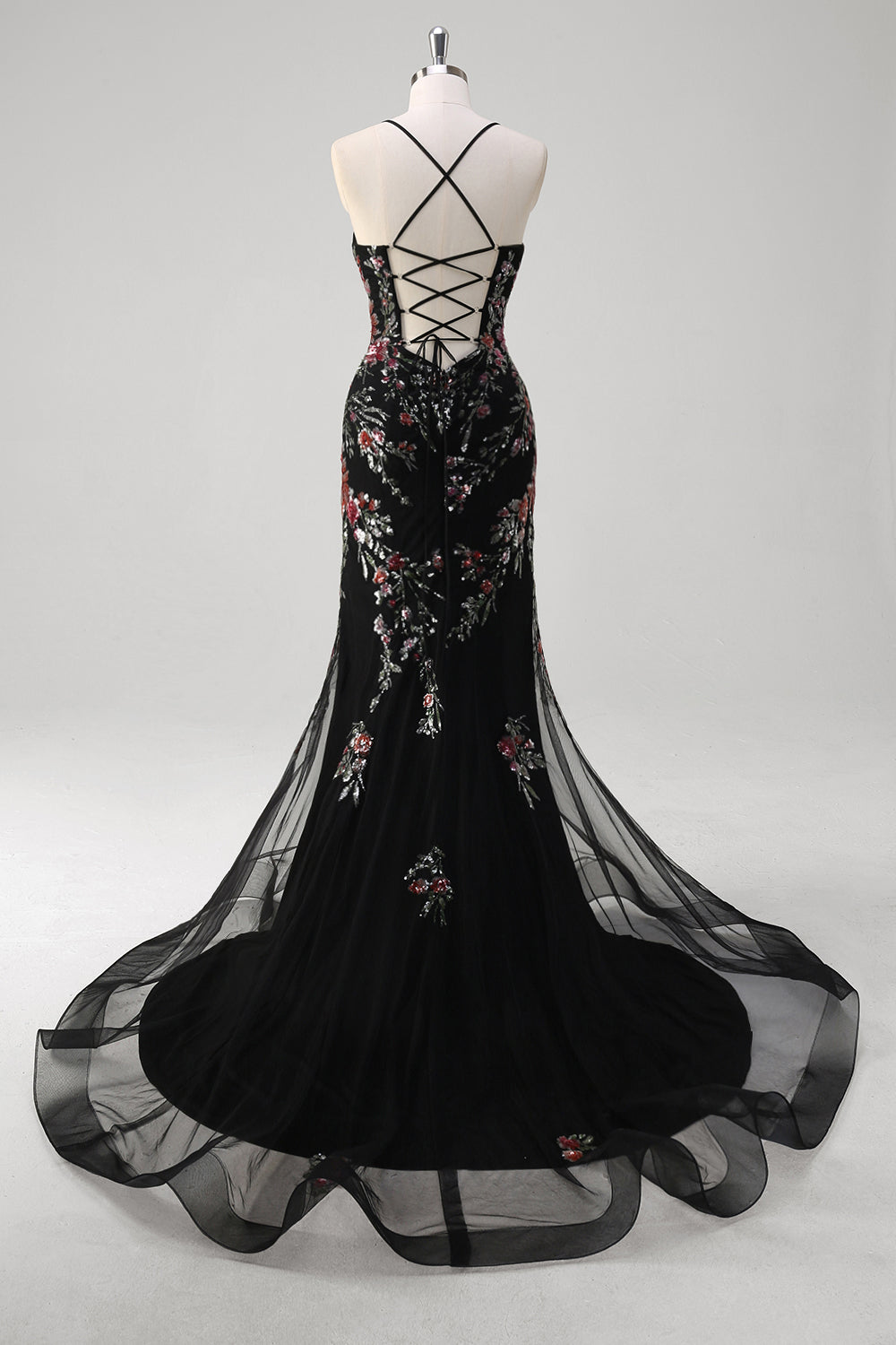 Vestido de fiesta largo con apliques de tirantes de espagueti sirena negro con lentejuelas