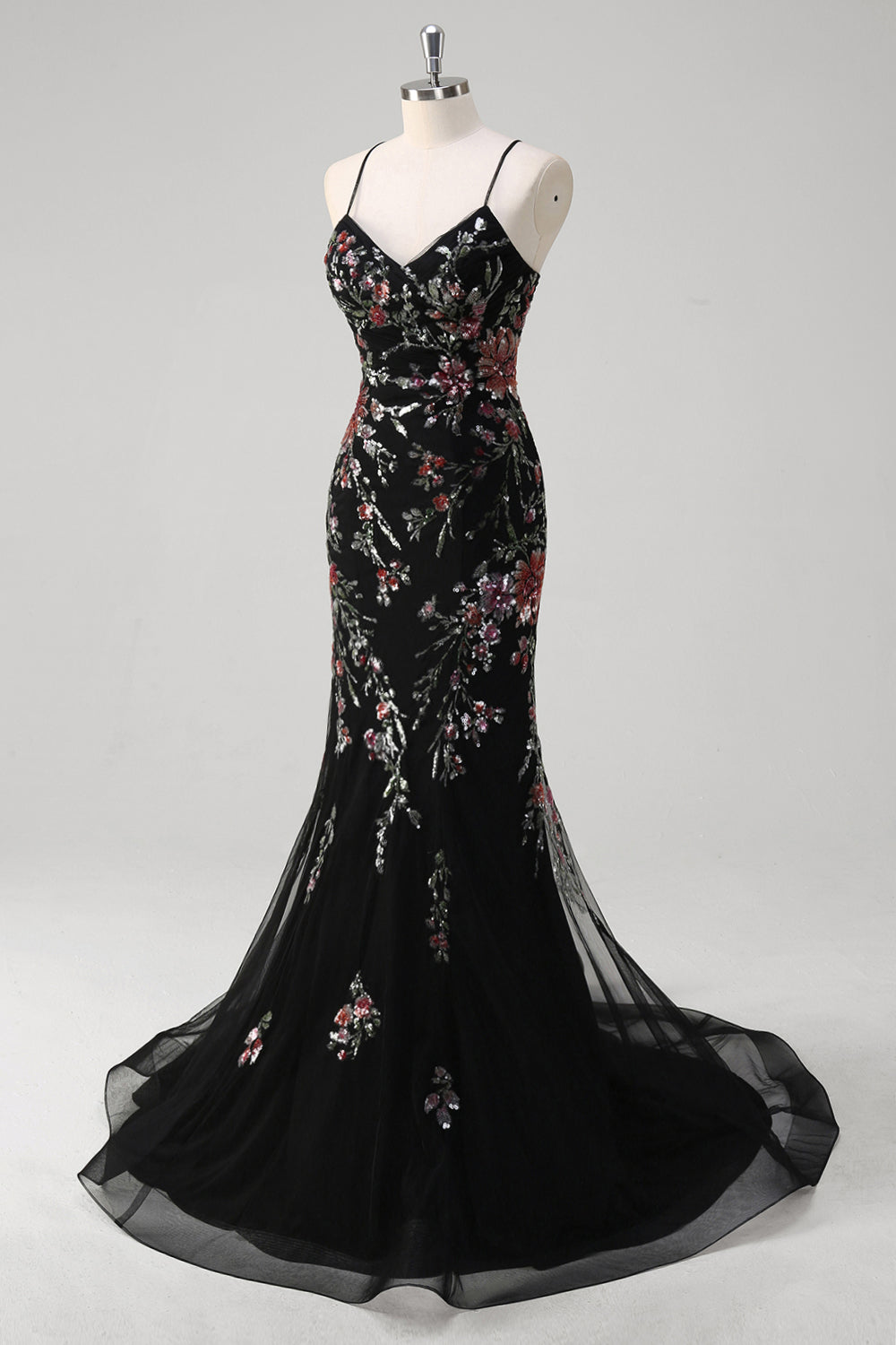 Vestido de fiesta largo con apliques de tirantes de espagueti sirena negro con lentejuelas