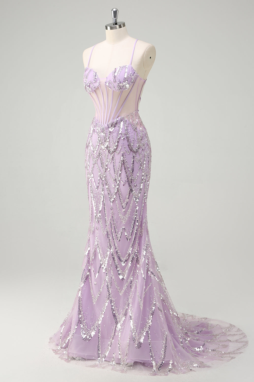 Sirena lila Correas de espagueti Corsé lentejuelas Vestido de fiesta largo