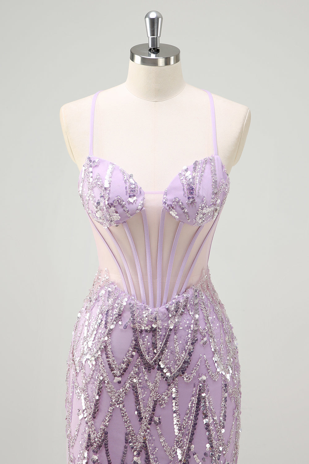Sirena lila Correas de espagueti Corsé lentejuelas Vestido de fiesta largo