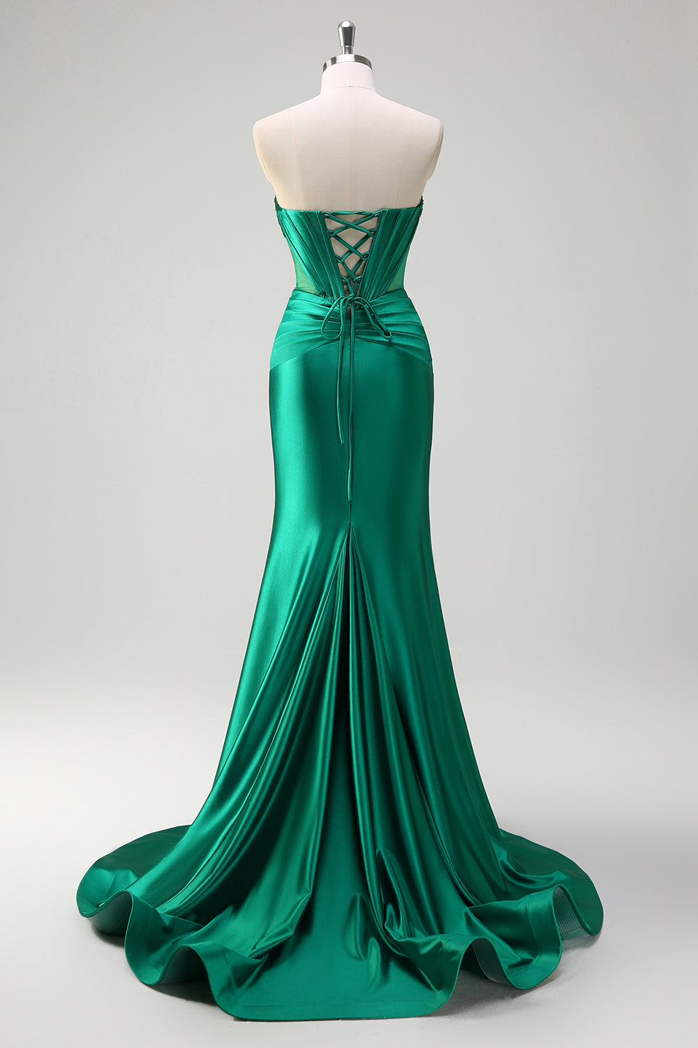 Sirena verde oscuro brillante Corsé sin tirantes con cuentas Vestido de fiesta de satén fruncido con abertura