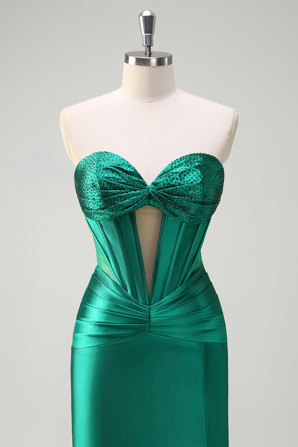 Sirena verde oscuro brillante Corsé sin tirantes con cuentas Vestido de fiesta de satén fruncido con abertura