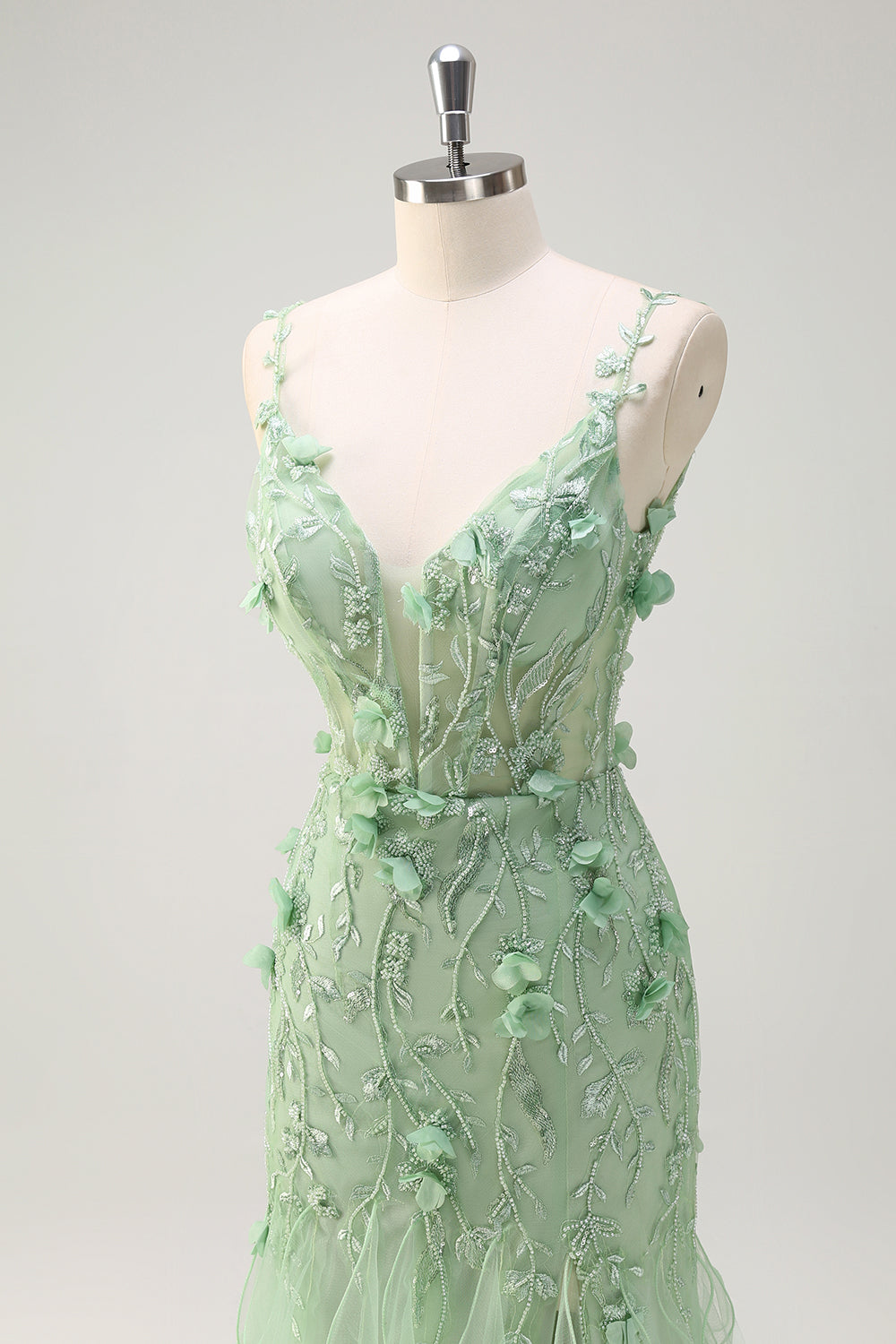 Tirantes de espagueti de sirena verde 3D flores Vestido largo de fiesta con abertura