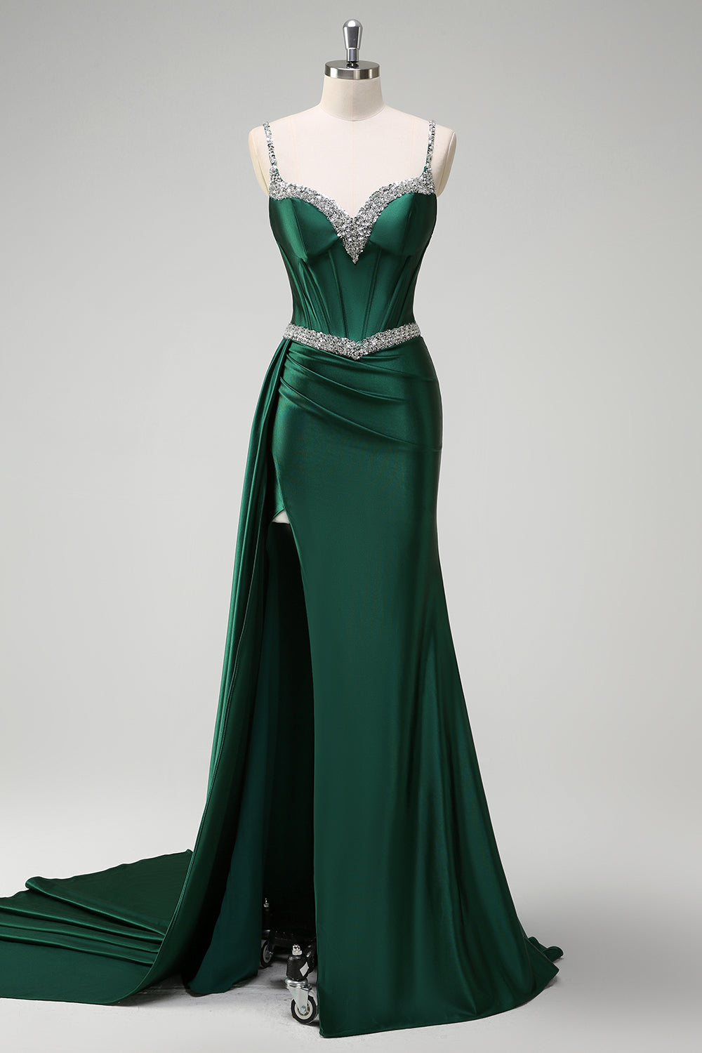Vestido de fiesta de satén con corsé de lentejuelas con sirena verde oscuro brillante con abertura