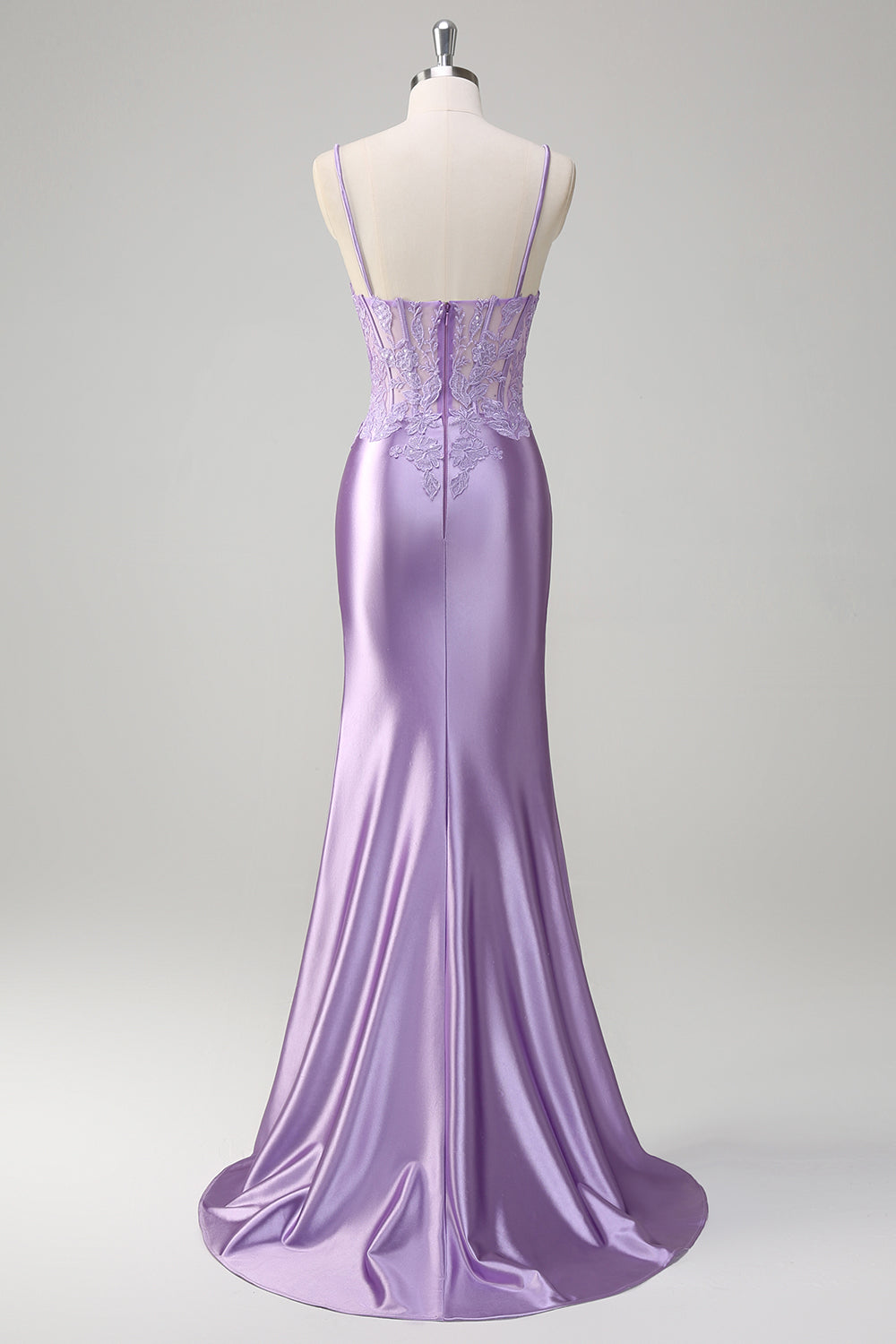 Vestido de fiesta largo de tirantes de espagueti sirena lila con apliques