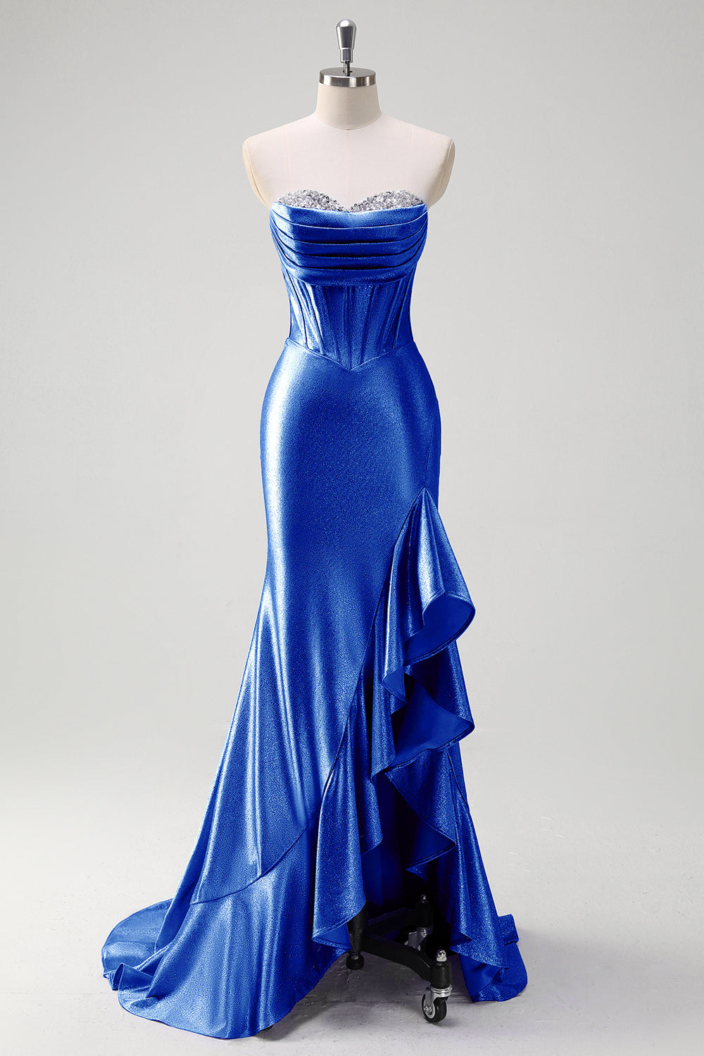 Gris Gris Azul Sirena Azul Brillante Corsé Sin Tirantes Volante Vestido de Fiesta Largo de Satén con Abertura