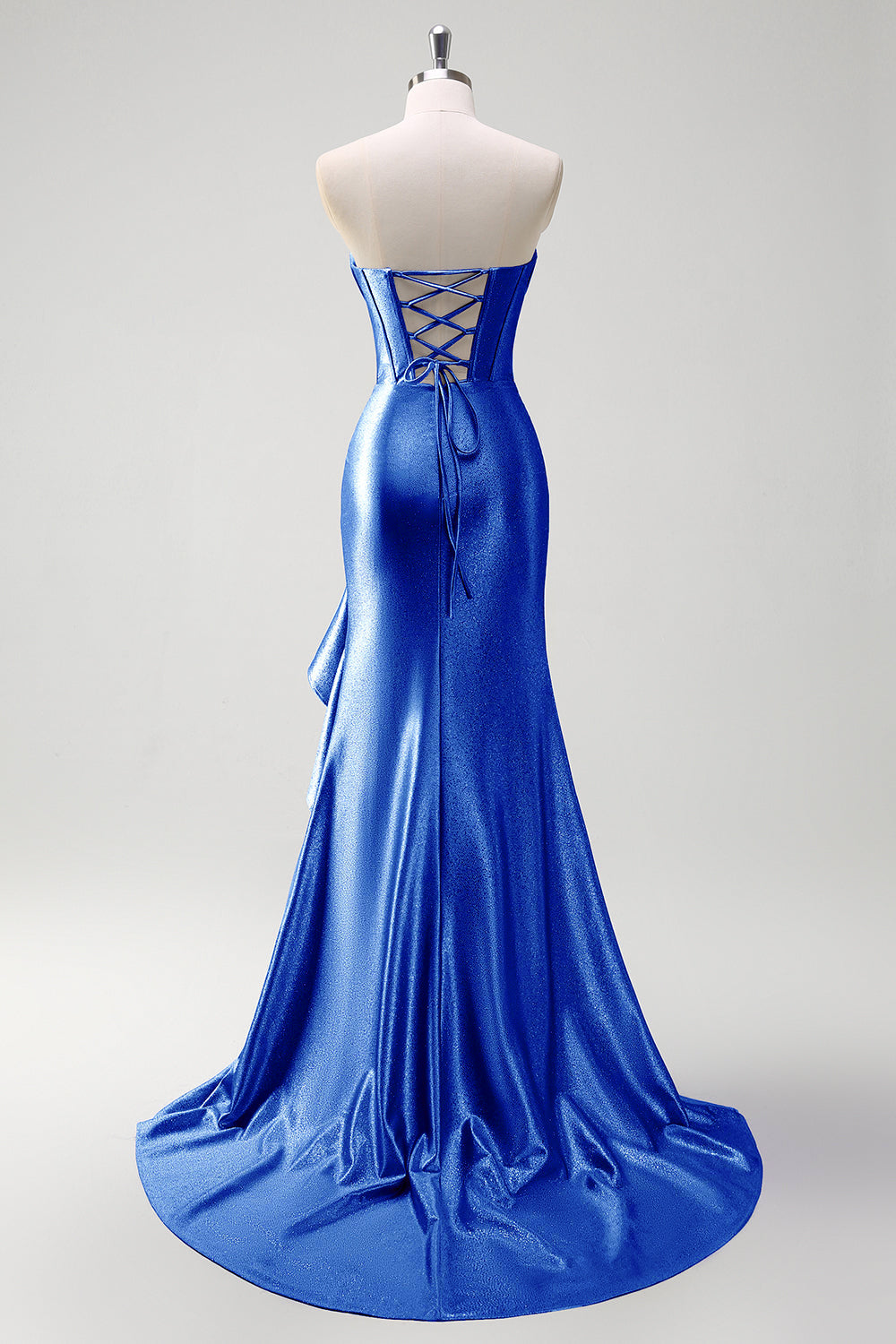 Gris Gris Azul Sirena Azul Brillante Corsé Sin Tirantes Volante Vestido de Fiesta Largo de Satén con Abertura