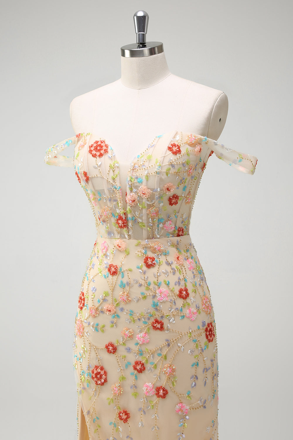 Vestido largo de fiesta con corsé floral con corsé floral con abertura y champán brillante
