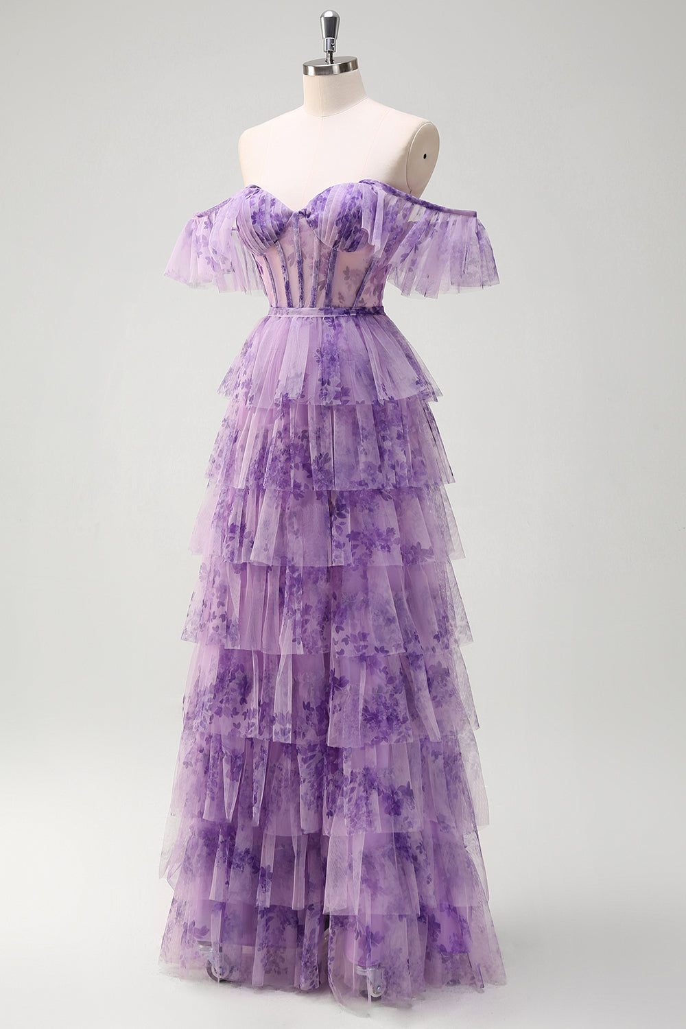 Corsé lila con hombros descubiertos con volantes florales y vestido de fiesta largo con abertura