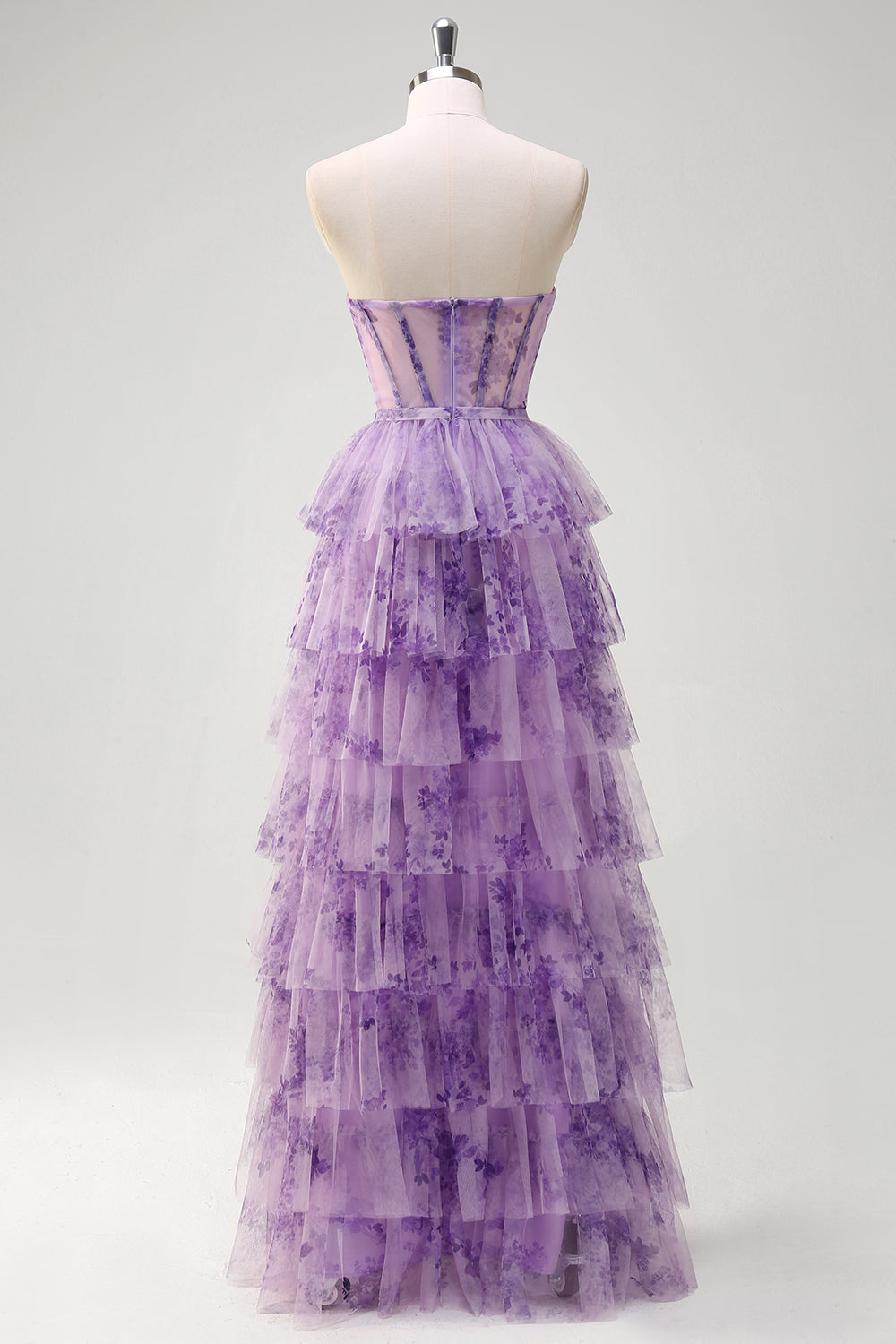 Corsé lila con hombros descubiertos con volantes florales y vestido de fiesta largo con abertura