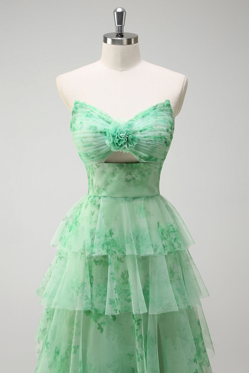 Vestido de fiesta largo con volantes de flores florales sin tirantes verde con abertura