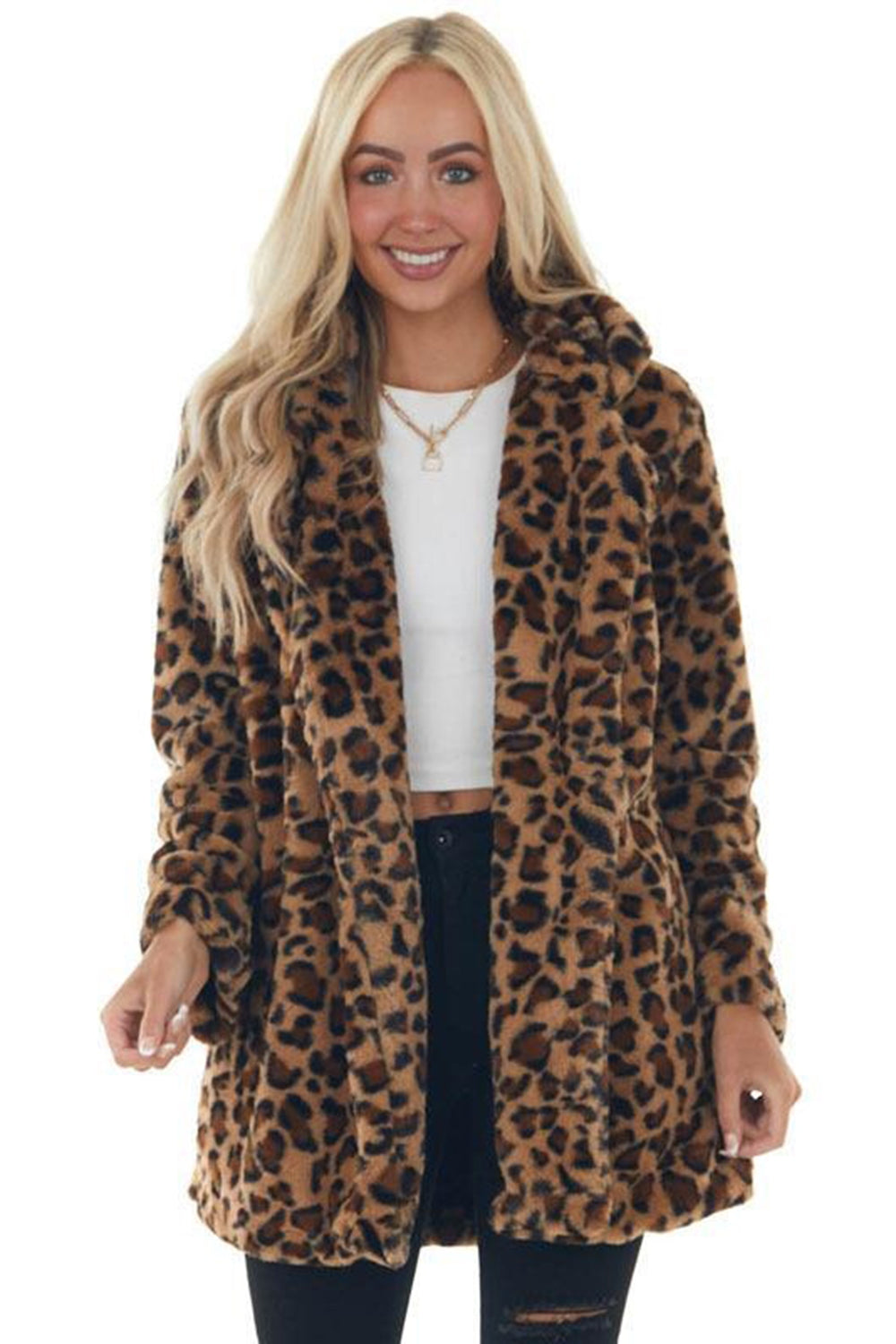 Abrigo de piel de mujer amarillo con estampado de leopardo
