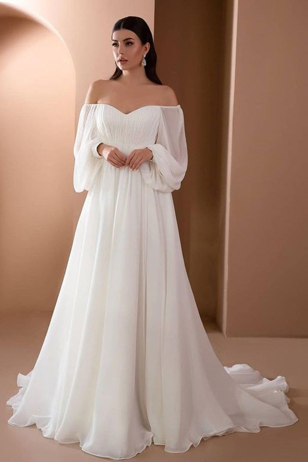 Vestido de fiesta de boda blanco de manga larga con hombros descubiertos de línea A