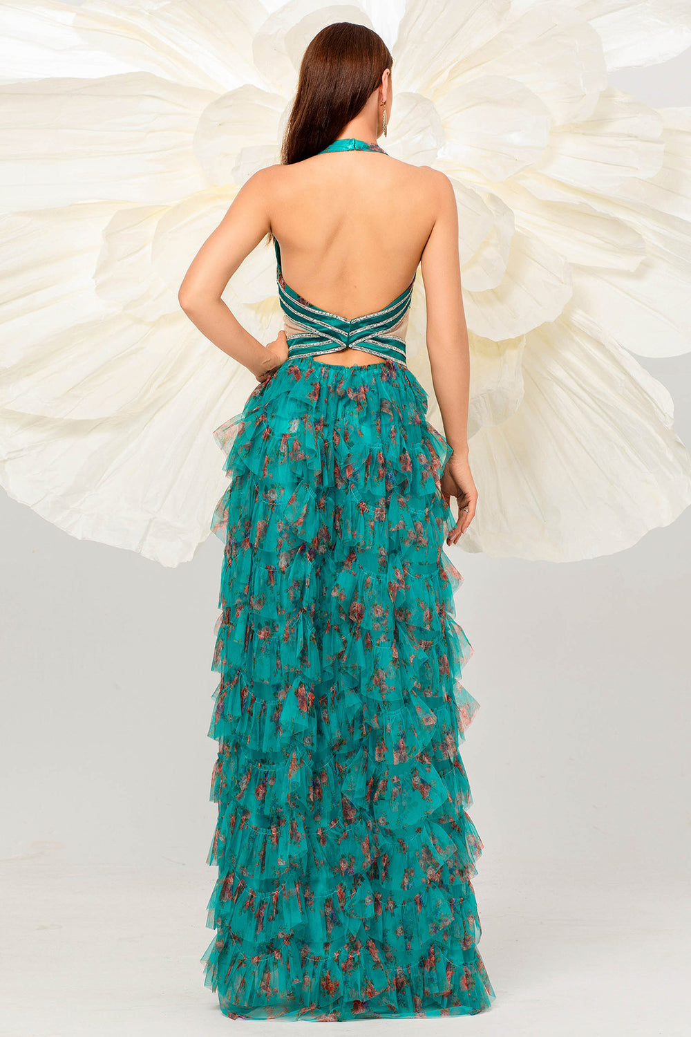 Vestido de fiesta de tul halter floral verde oscuro de una línea con abertura