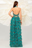 Vestido de fiesta de tul halter floral verde oscuro de una línea con abertura