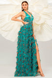 Vestido de fiesta de tul halter floral verde oscuro de una línea con abertura