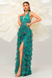 Vestido de fiesta de tul halter floral verde oscuro de una línea con abertura