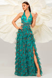 Vestido de fiesta de tul halter floral verde oscuro de una línea con abertura