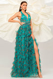 Vestido de fiesta de tul halter floral verde oscuro de una línea con abertura
