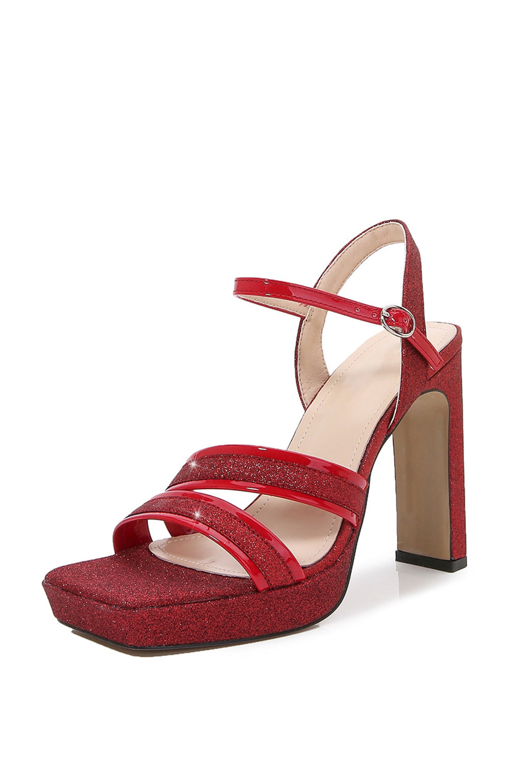 Sandalias de tacón alto para mujer Puntera abierta Lentejuelas ruborizadas Zapatos de tacón grueso