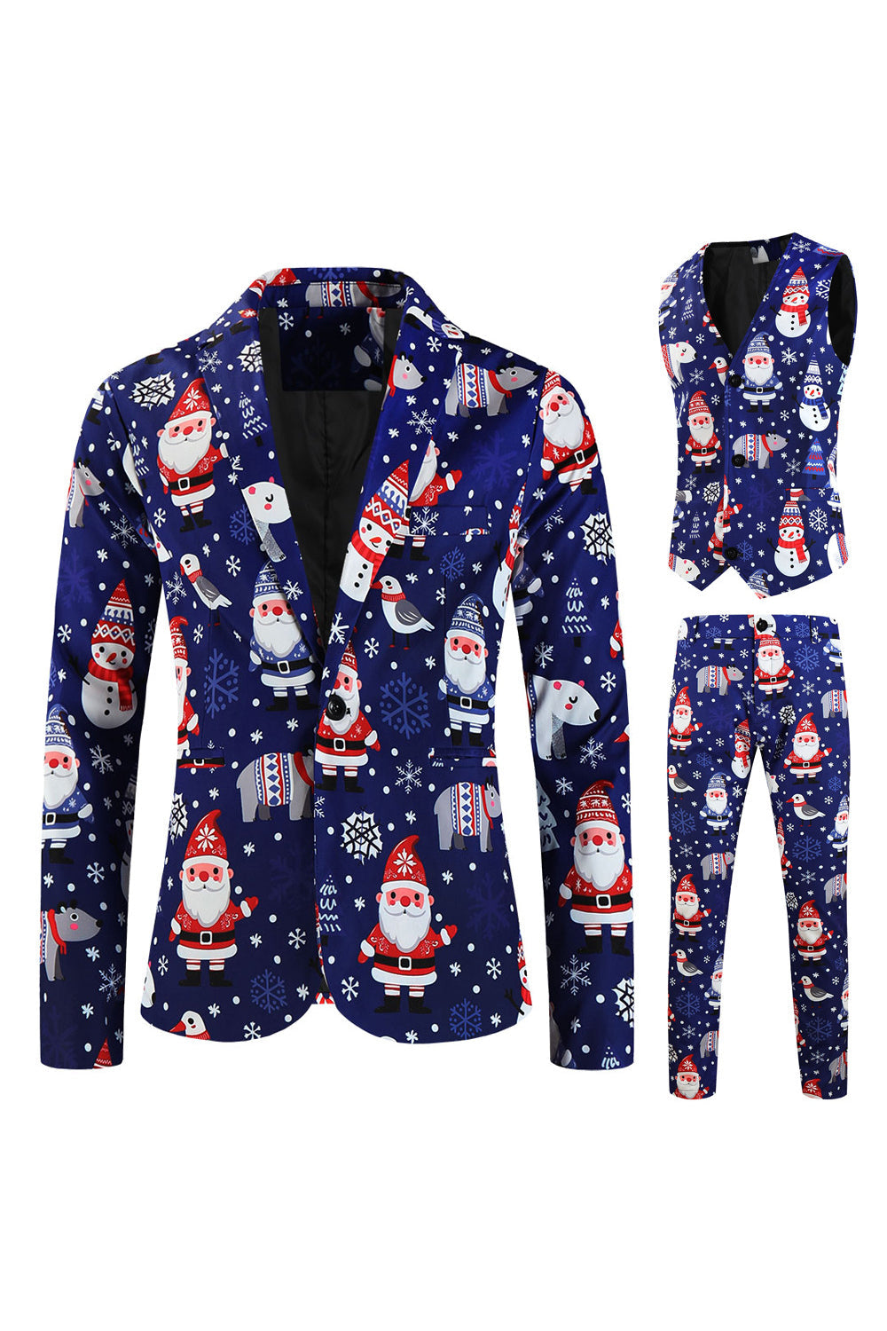 Traje de Papá Noel azul marino de 3 piezas para hombre en Navidad
