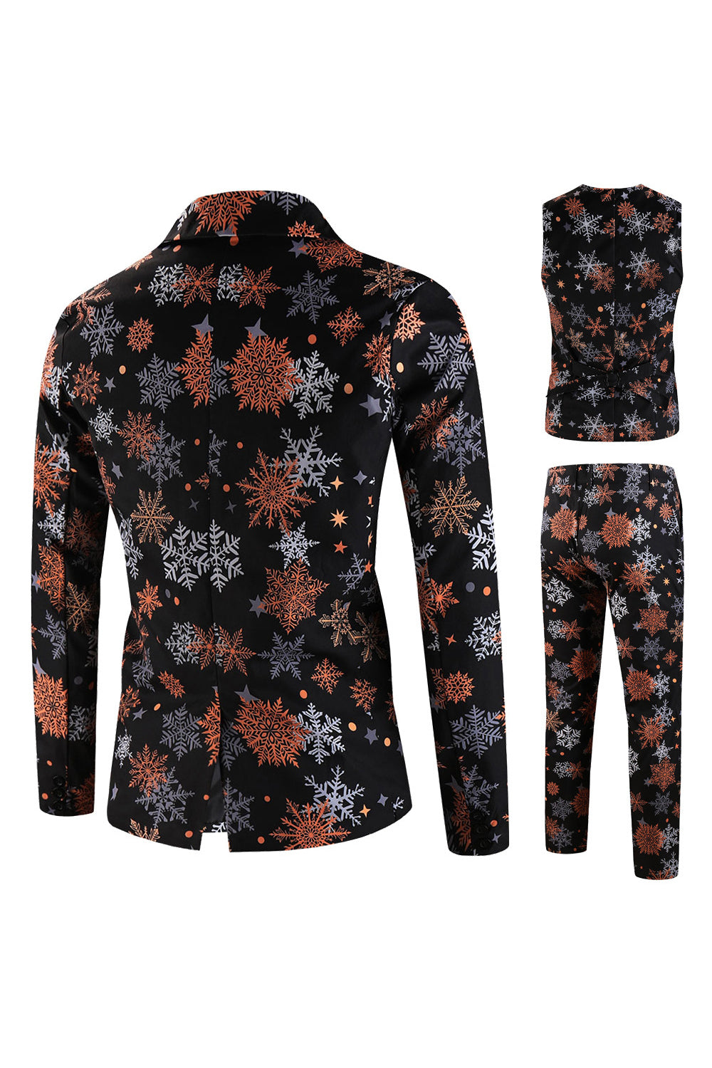 Traje de Navidad para hombre negro con estampado de copos de nieve de 3 piezas