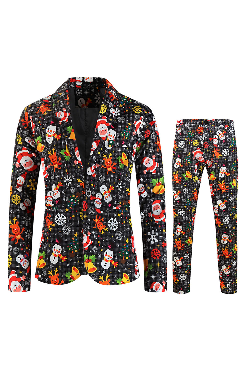 Solapa con muescas negras muñeco de nieve estampado Navidad Slim Fit Hombres Trajes de hombre