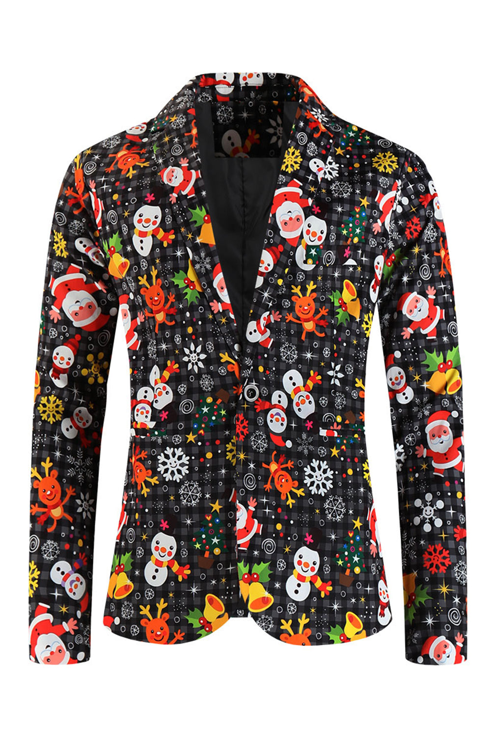 Solapa con muescas negras muñeco de nieve estampado Navidad Slim Fit Hombres Trajes de hombre