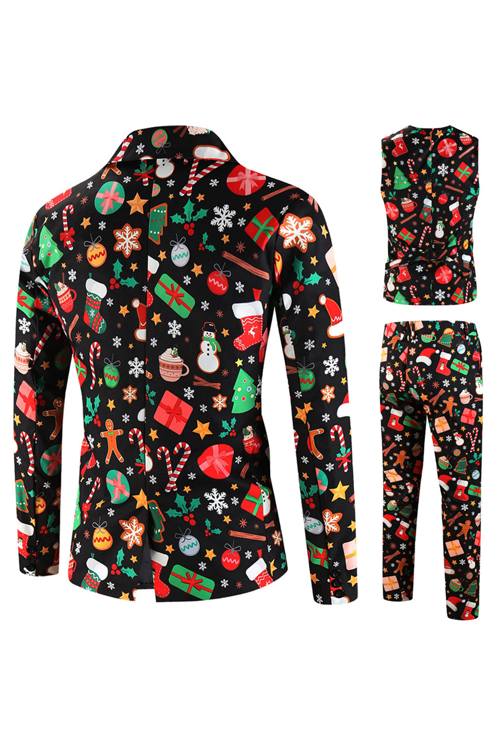 Trajes de hombre negros con solapa con muescas estampadas en Navidad de 3 piezas
