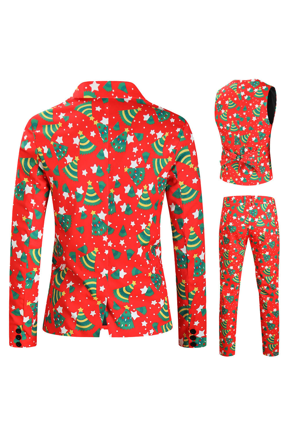 Traje de festival para hombre con estampado de árbol verde rojo de Navidad de 3 piezas