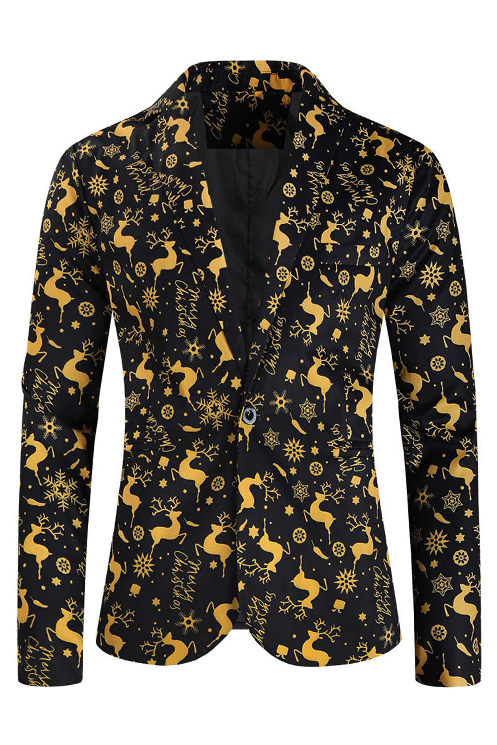 Trajes de Navidad para hombre negros de 3 piezas con estampado amarillo de alce