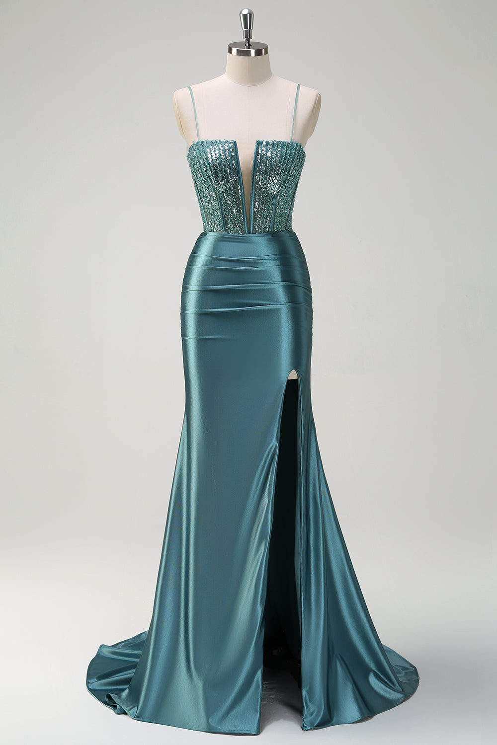 Vestido de fiesta largo con tirantes de espagueti de sirena Verde polvoriento brillante con cuentas y abertura