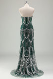 Vestido de fiesta largo con lentejuelas sin tirantes de sirena verde oscuro con purpurina y abalorios