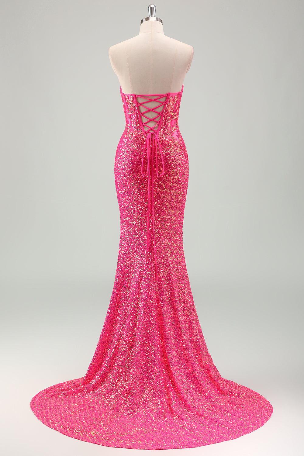 Corsé sin tirantes de sirena fucsia brillante lentejuelas Vestido de fiesta largo con abertura
