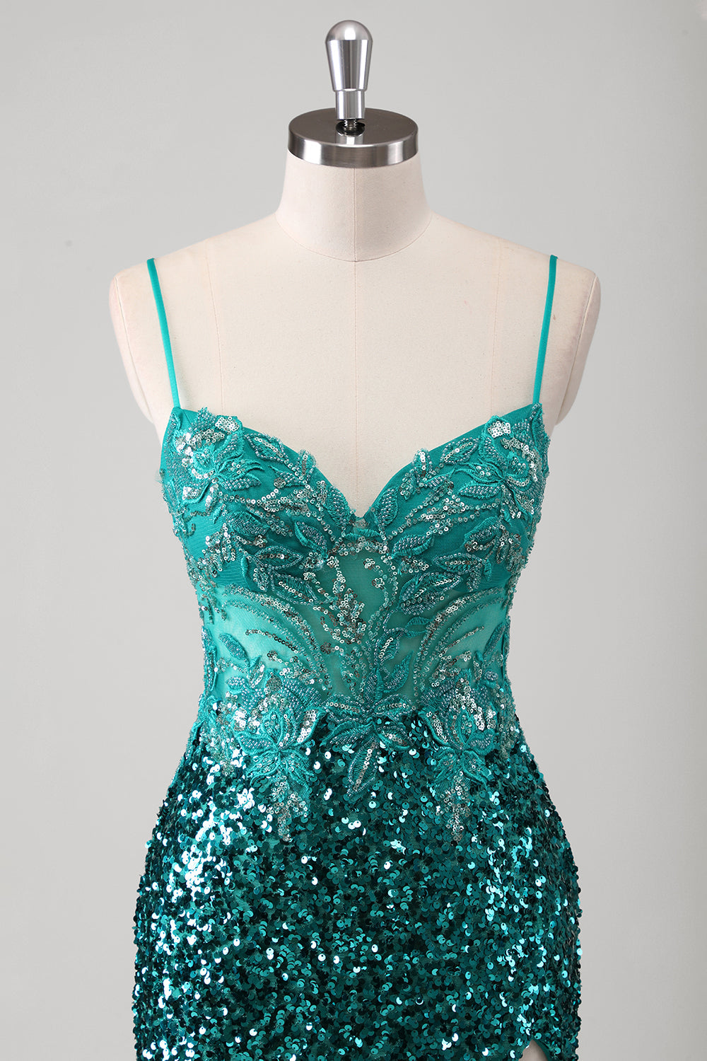 Vestido de fiesta largo con tirantes de espagueti verde sirena verde pavo real con lentejuelas